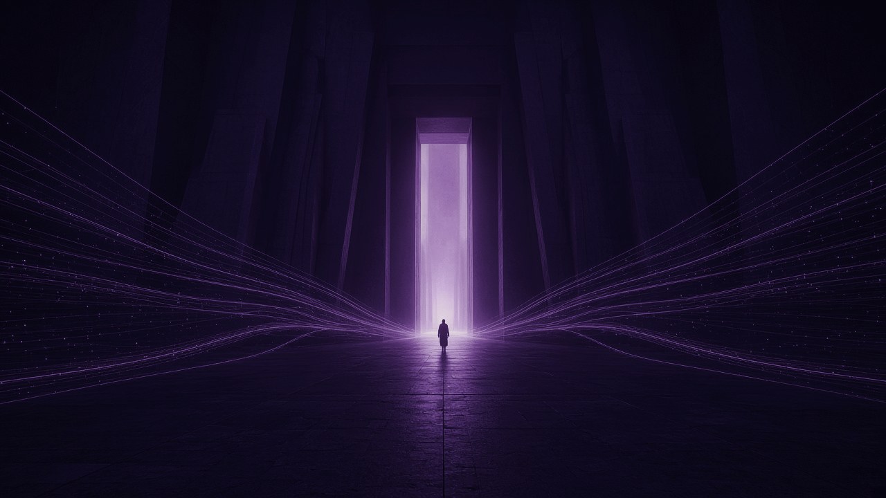 A figure walking toward a luminous doorway what's next