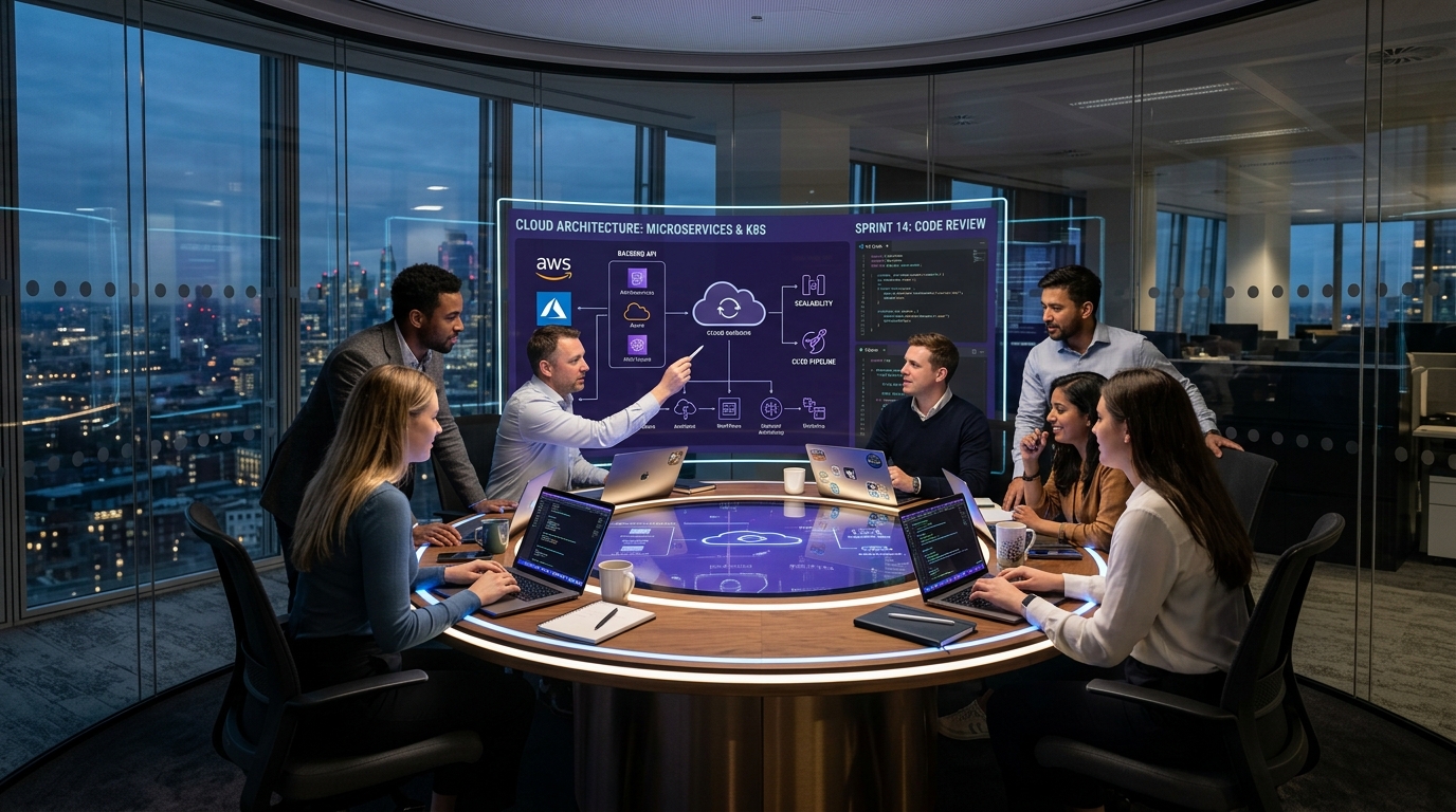 Engineering team reviewing a cloud-native microservices architecture