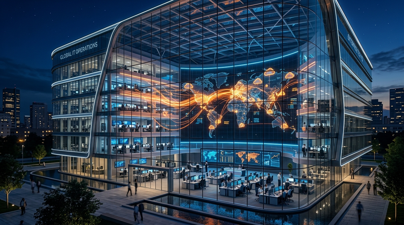 A glass operations centre glowing with a live global network map
