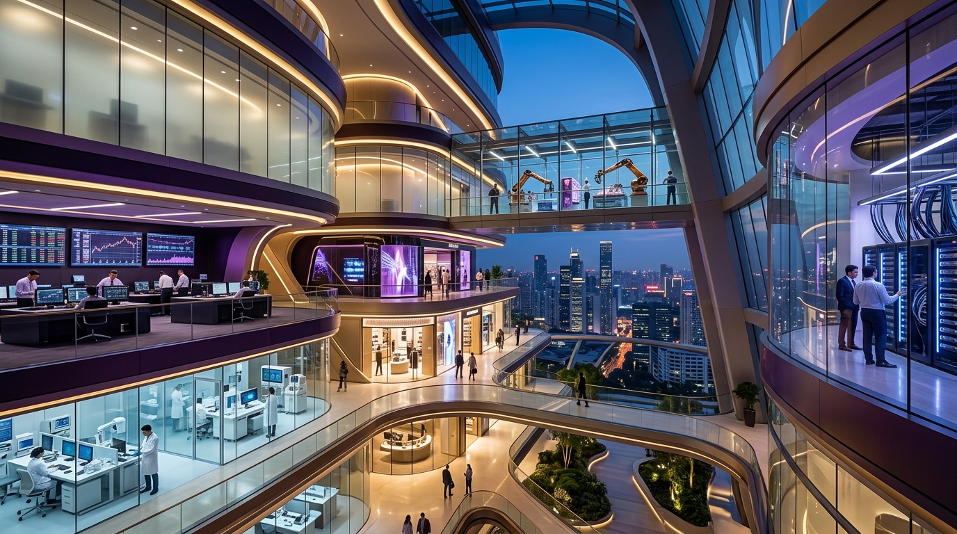 Panoramic European technology campus converging five industry sectors: Banking & Finance, Healthcare, Retail, Manufacturing, and Cloud Infrastructure
