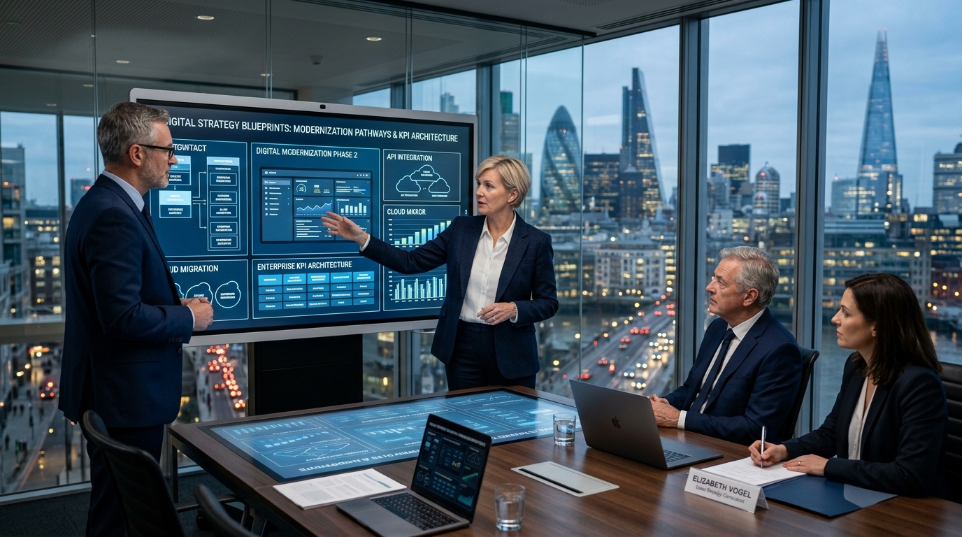 Senior technology consultants presenting enterprise transformation roadmap