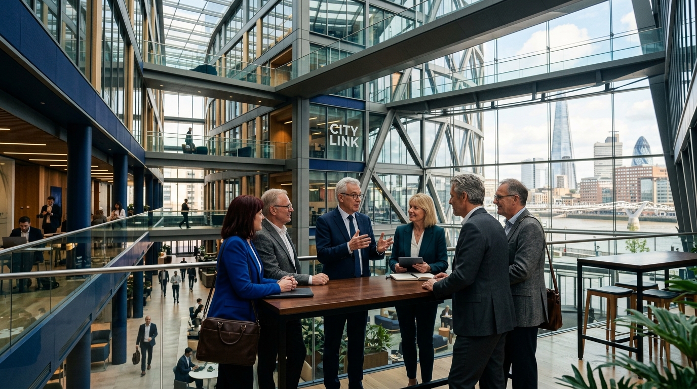 European IT technology consultants and contract staffing executives in London corporate atrium